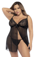 Mapale 7501X babydoll black lace lingerie set with sheer overlay and front bow detail for intimate wear