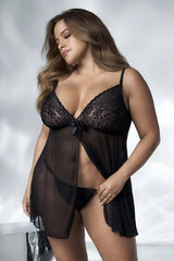 Black lace lingerie set mapale 7501x babydoll with sheer mesh overlay and tied bow at the front in black