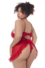 Red lace Mapale 7507X babydoll with thin straps and tied-back design shown from the back with matching G-string