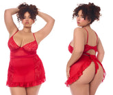 Back view of red mapale 7507x babydoll nightgown with lace trim sheer mesh panels and back tie with matching g-string