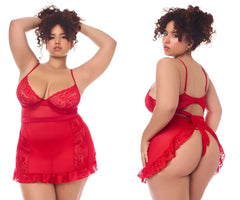 Back view of red mapale 7507x babydoll nightgown with lace trim sheer mesh panels and back tie with matching g-string