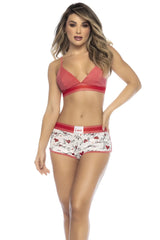 Mapale 7536 coral love print two piece pajama set with red and white heart patterned bra and shorts for women