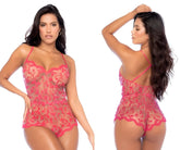 A vibrant pink lace bodysuit with delicate floral patterns and thin spaghetti straps from mapale 7543 romper-babydoll cherry color