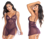 Mapale 7552 babydoll sheer purple lace chemise with thin straps and back cutout shown from the back side
