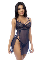 Mapale 7555 babydoll midnight blue navy blue lace lingerie chemise with sheer mesh overlay and side slit