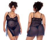 Black lace and sheer mesh Mapale 7555X babydoll lingerie set in midnight blue with side slits shown from the back