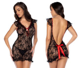 Black lace lingerie dress with red ribbon detailing by mapale 7556 babydoll in black color