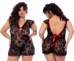 Black lace lingerie babydoll with red ribbon ties at neckline and back by mapale 7556x in black
