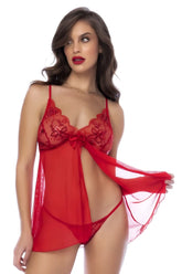 Red lace chemise Mapale 7559 babydoll with floral embroidery and sheer overlay in red color