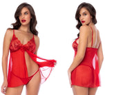 Red lace Mapale 7559 babydoll lingerie set with sheer mesh overlay and central bow detail in vibrant red color