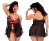 Red and black lace lingerie set with heart patterns from Mapale 7560X babydoll in black-red color