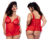 Mapale 7562x babydoll red chemise with red lace sheer mesh thin straps and ruffled hem lingerie dress