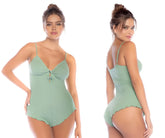 Mint green ribbed one-piece swimsuit with scalloped hem and thin spaghetti straps from Mapale 7571 Sleep Romper