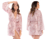 Mapale 7577X robe in rose color featuring soft pink satin with subtle floral patterns and a tied waist detail