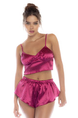 Mapale 7581 two piece pajama set in sparkling fuchsia magenta satin with gold polka dots and ruffled hem
