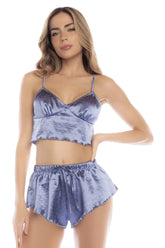 Lavender velvet two-piece pajama set with subtle glitter accents from mapale 7581 in sparkling steele blue color