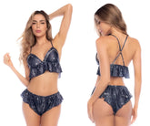 Navy blue star-patterned ruffled bikini set Mapale 7584 two piece pajama set in sapphire blue prints
