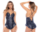 Dark blue one-piece swimsuit with celestial pattern and ruffled hem from mapale 7586 sleep romper sapphire blue prints