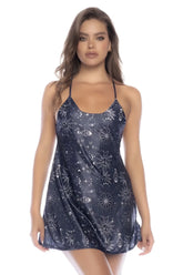 Mapale 7588 sapphire blue satin sleep chemise with celestial silver stars moons and zodiac prints