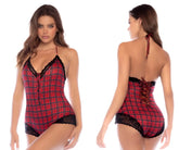 Mapale 7590 sleep romper red plaid bodysuit with lace trim featuring a comfortable and stylish sleepwear design
