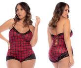 Red and black plaid one-piece bodysuit with lace trim from Mapale 7590X sleep romper collection in red plaid