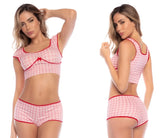 Pink and white checkered two-piece lingerie set with red trim by mapale 7591 in vichy pink plaid fabric