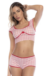 Mapale 7591 two piece pajama set in pink and white gingham with red trim and bow detail on lightweight fabric