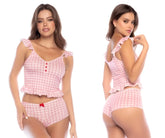Pink gingham pajama set with ruffled shoulder straps and red button front from mapale 7592 two piece set