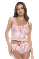 Mapale 7592 two piece pajama set in vichy pink plaid with ruffled shoulder straps frilled hemline and red bow shorts