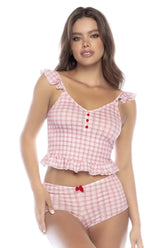 Mapale 7592 two piece pajama set in pink and white gingham with ruffled shoulder straps and frilled hemline with shorts