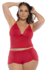 Red lace trim camisole top with sweetheart neckline and matching shorts in mapale 7593x red two piece pajama set