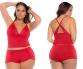 Red lace-trimmed halter top with crisscross back and matching red shorts two piece pajama set by mapale