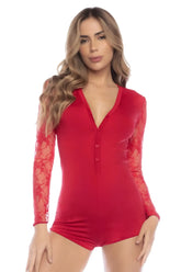 Red long-sleeved lace bodysuit with button-front neckline from Mapale 7594 sleep romper collection