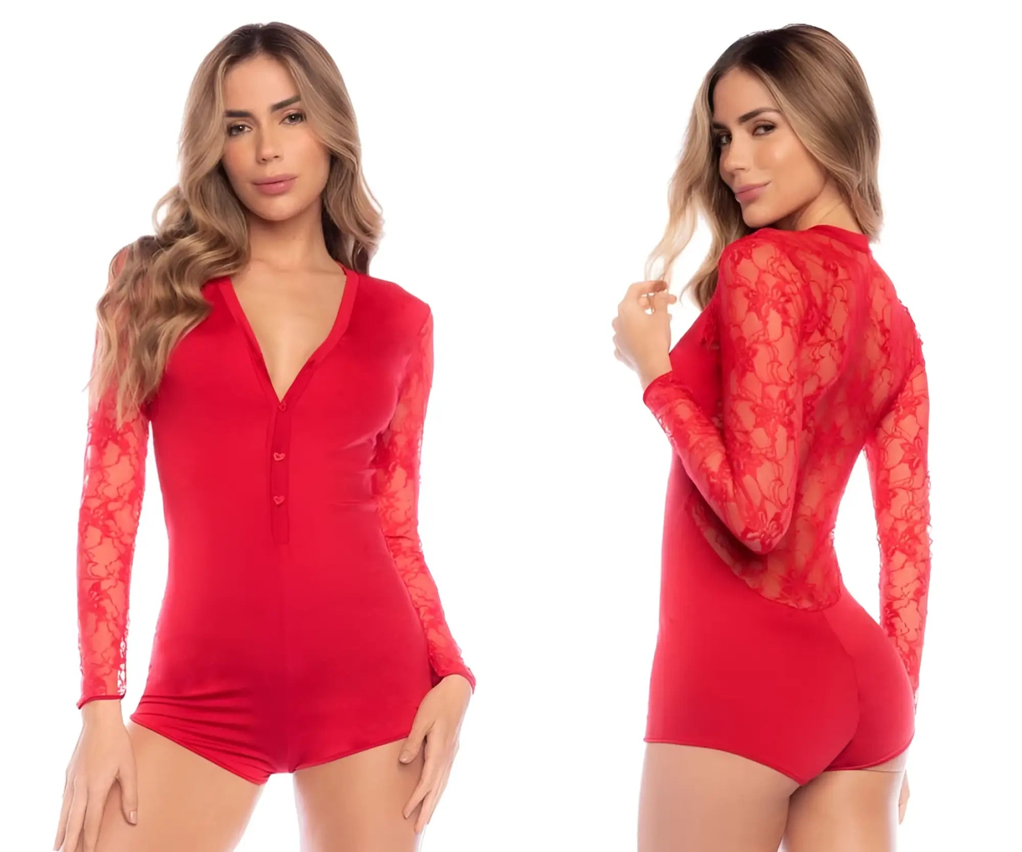 Mapale 7594 red long sleeve lace bodysuit with v-neck and button front detail for sleepwear and lingerie