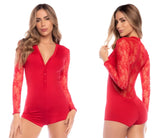 Mapale 7594 red long sleeve lace bodysuit with v-neck and button front detail for sleepwear and lingerie