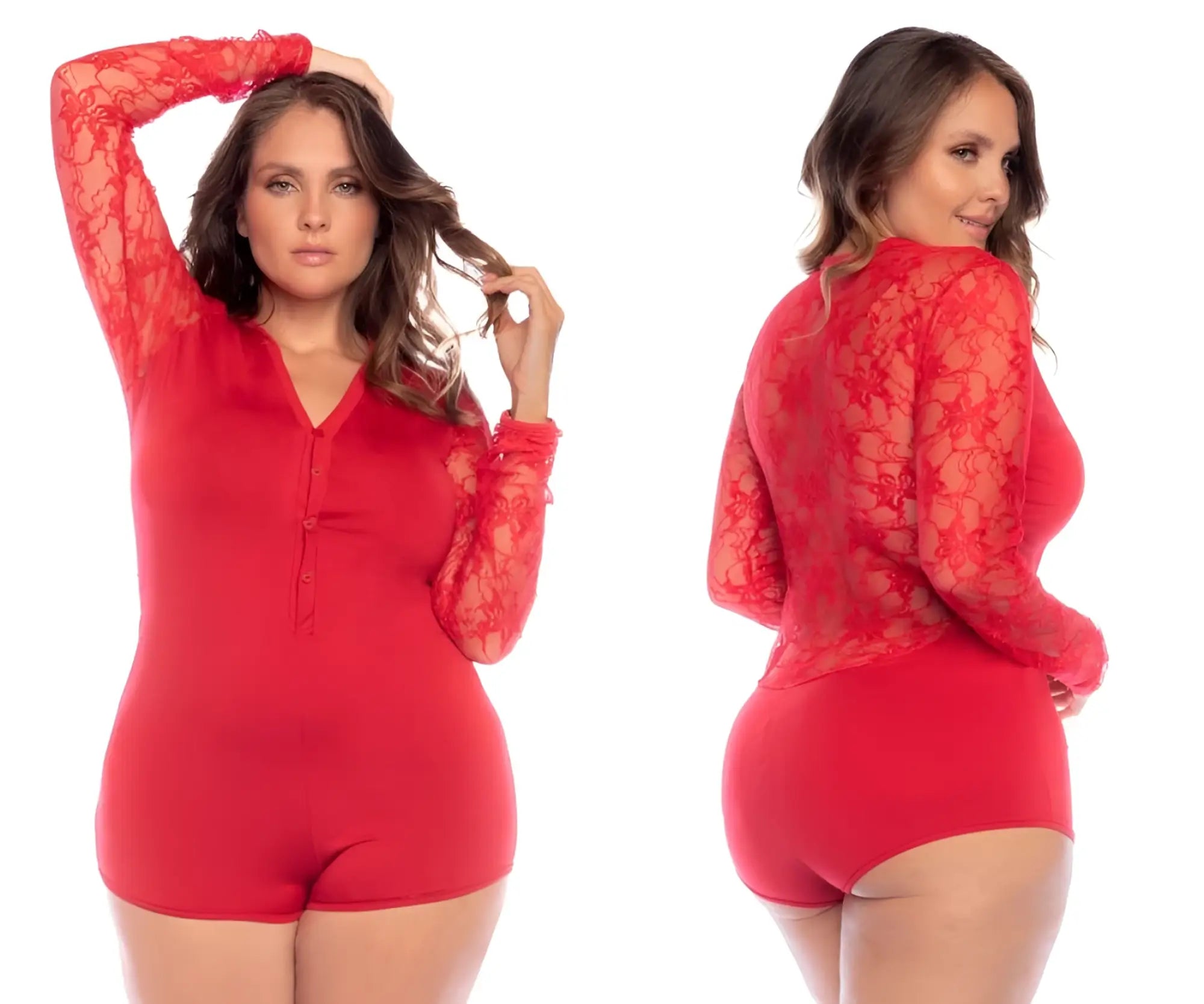 Red lace long sleeve bodysuit with sheer floral pattern and solid panels by Mapale in vibrant red color