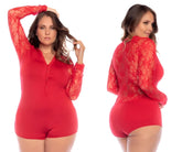Red lace long sleeve bodysuit with sheer floral pattern and solid panels by Mapale in vibrant red color