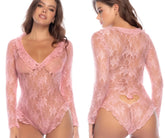 Back view of mapale 7599 sleep romper in rose pink floral lace bodysuit with long sleeves and heart-shaped cutout