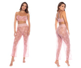 Mapale 7600 two piece pajama set rose with delicate pink lace star patterned bra top and matching high waisted pants