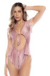 Mapale 7601 sleep romper in rose color soft pink satin with lace trim sleeves and ruched tie-front cutout design