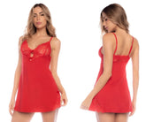 Red lace-trimmed nightgown with thin spaghetti straps and sheer flowing fabric by Mapale 7603 in red color