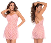 Delicate light pink lace nightgown with thin spaghetti straps and backless design seen from the back side