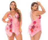Pink floral print sheer nightgown with thin spaghetti straps and backless design mapale 7607x babydoll color blushing petal