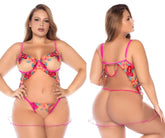 Mapale 7609x babydoll in pink floral lace lingerie set with sheer mesh and scalloped edges for seductive garden look