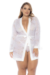 White lace robe mapale 7611x with v-neckline long sleeves and matching belt tied in a bow at the waist