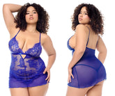 Mapale 7612X blue babydoll lingerie dress with delicate floral embroidery in lace and sheer mesh fabric with matching panty