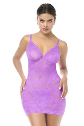 Lavender lace bodycon dress with thin spaghetti straps and v-neckline in wild orchid by mapale 7613 babydoll with panty