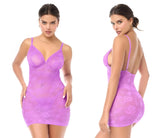 Mapale 7613 babydoll with matching panty in wild orchid lavender lace bodycon with thin straps and backless design back side