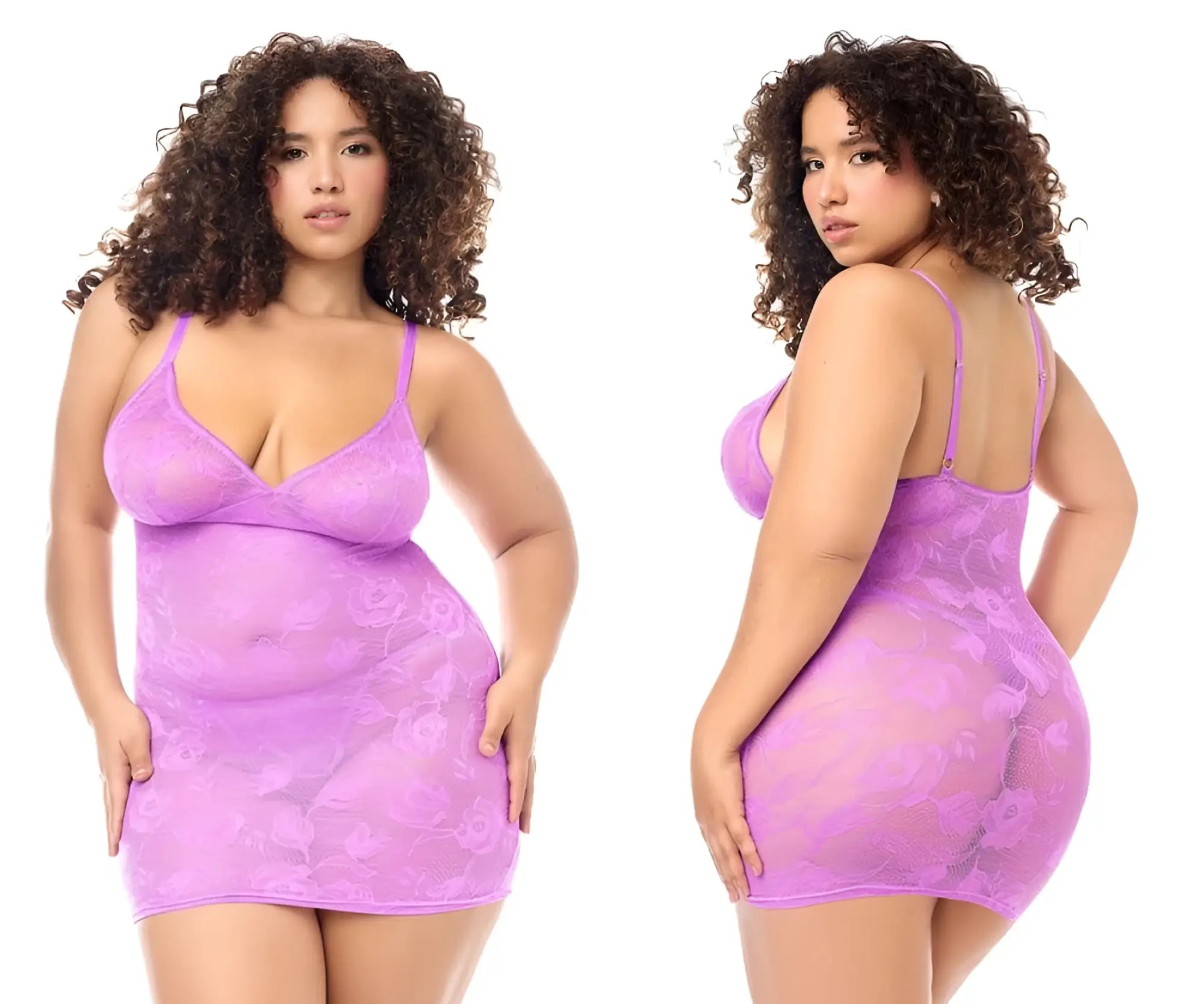 Mapale 7613X lavender lace bodysuit with thin straps and floral pattern in wild orchid color with matching panty