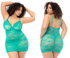 Teal lace bodycon babydoll dress with thin straps and floral pattern by Mapale with matching panty in wild teal color